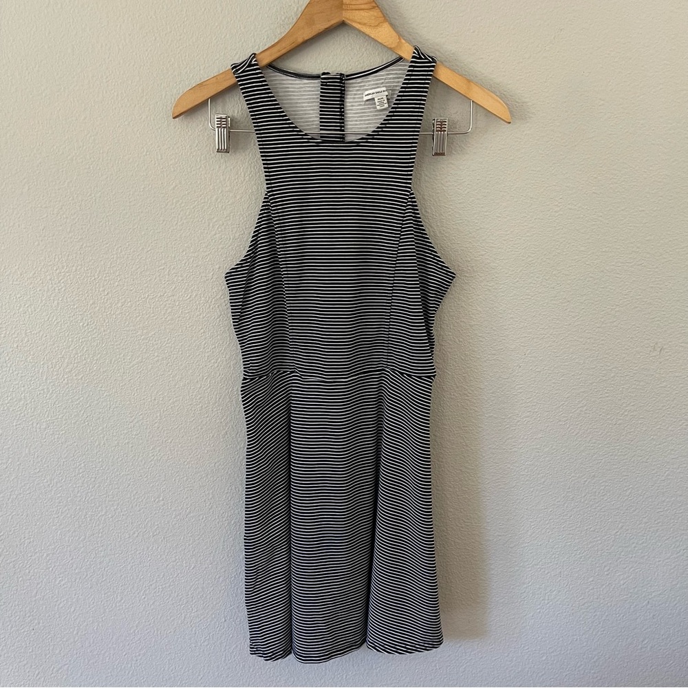 American Eagle Pinstripe Fit & Flare Black/White Skater Dress Size M